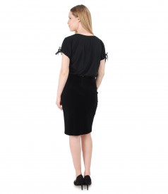 Elegant outfit with printed viscose blouse and velvet tapered skirt