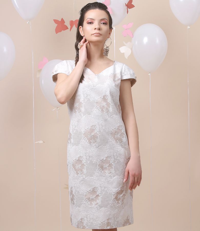 Cotton brocade dress with pearl trim