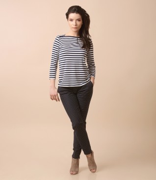 Casual outfit with jersey blouse with stripes and pants with lace corner