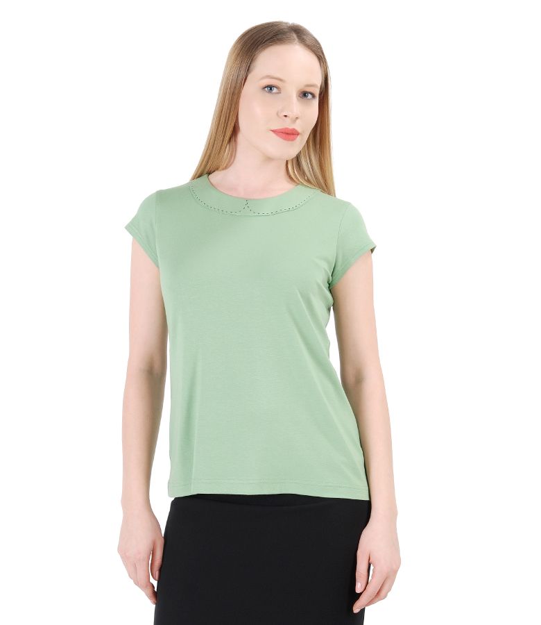 Elastic jersey t-shirt with trim on decolletage