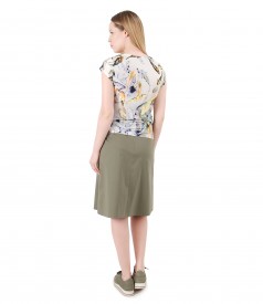 Jersey blouse with folds and textured cotton flaring skirt