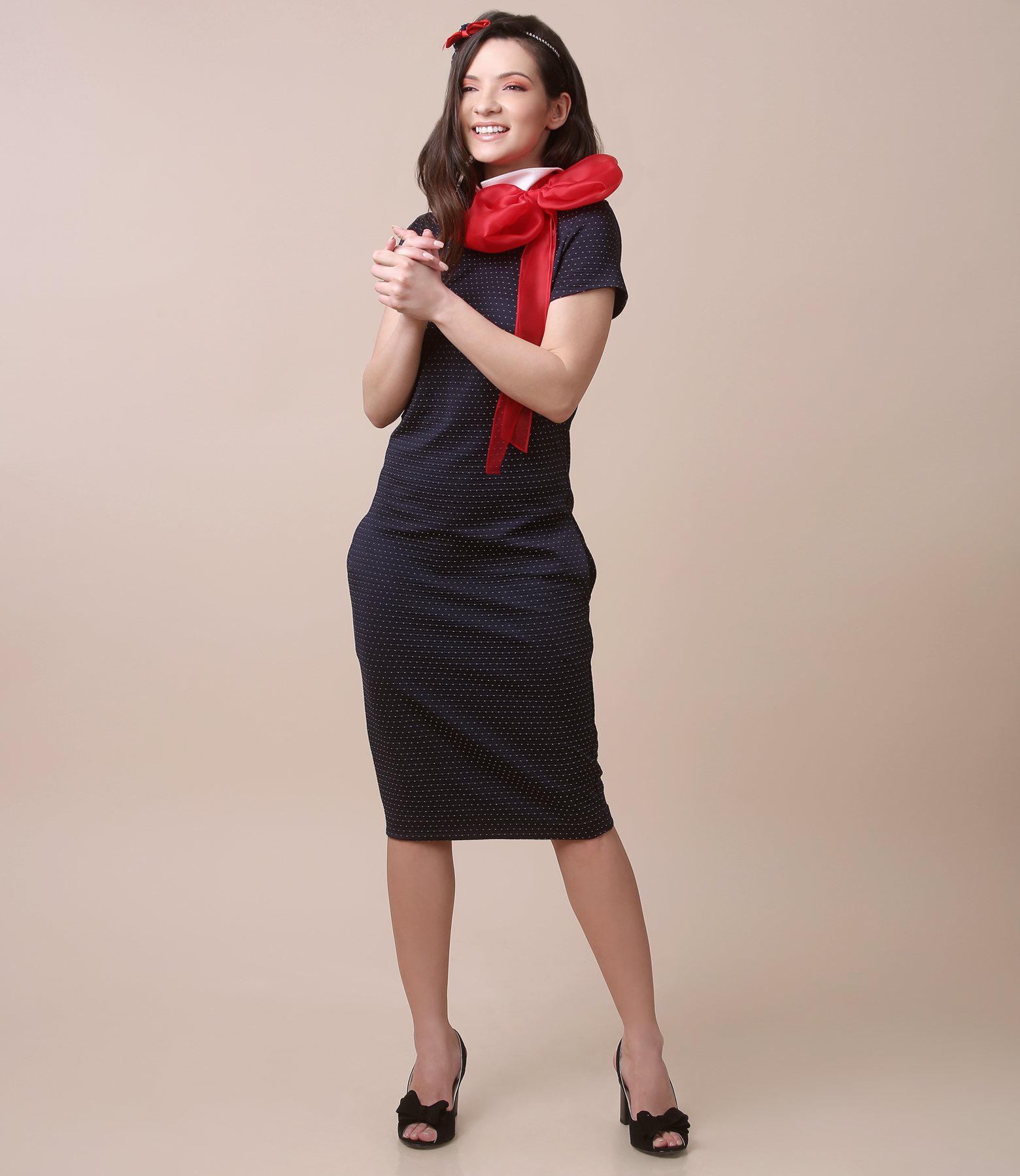 Brocade jersey dress with removable bow