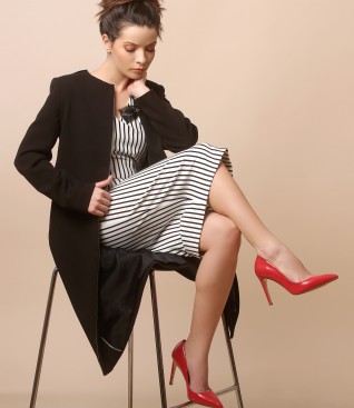 Midi dress made of elastic jersey with stripes and jacket with round decolletage