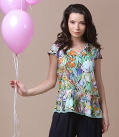 Elastic jersey blouse with frill waist