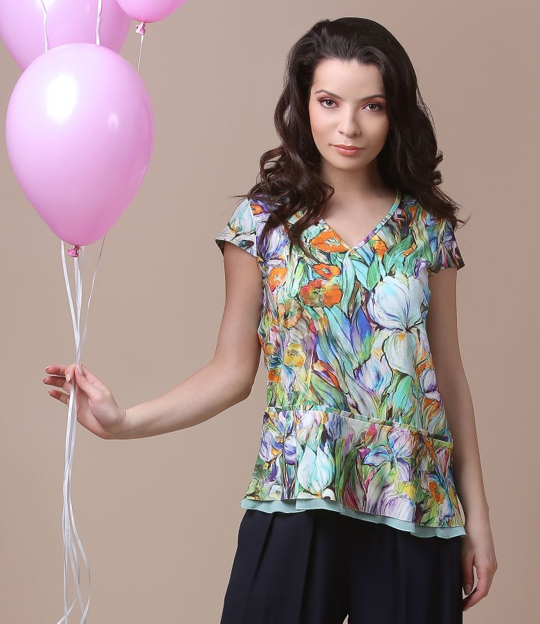 Elastic jersey blouse with frill waist