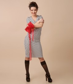 Midi jersey dress with stripes and removable bow