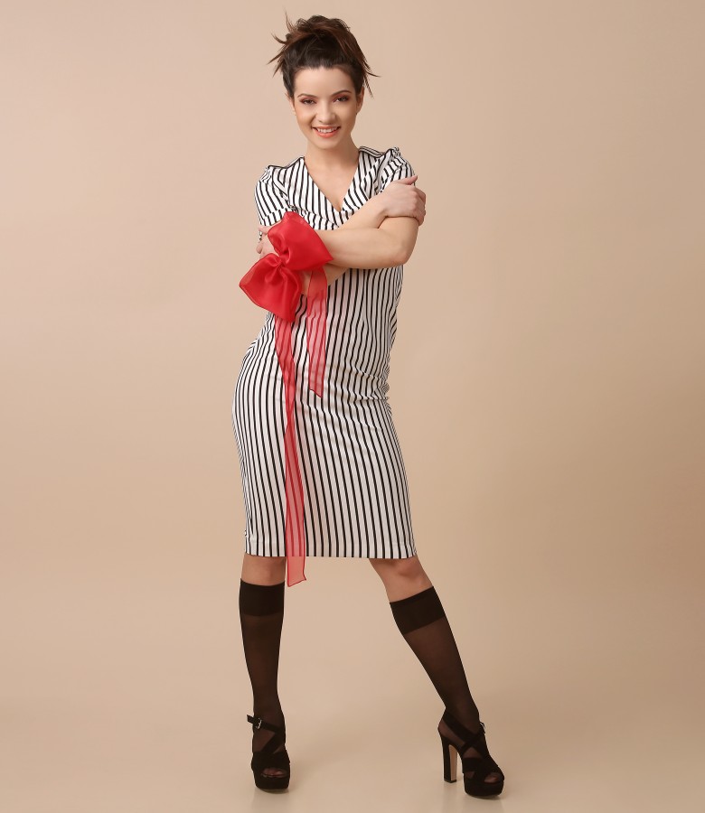 Midi jersey dress with stripes and removable bow