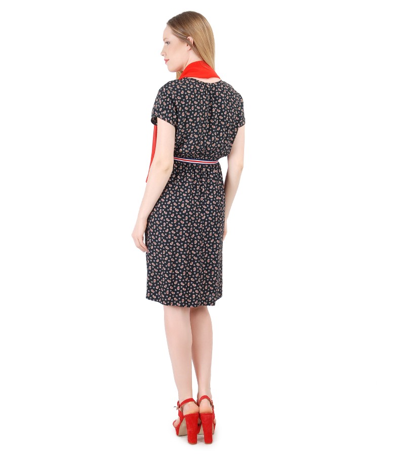 Printed viscose dress with uni veil scarf