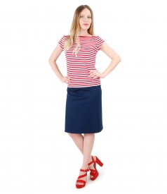 Elegant outfit with jersey blouse printed with stripes and flaring skirt