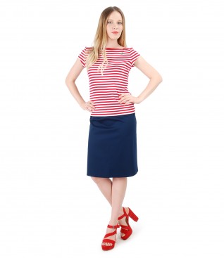 Elegant outfit with jersey blouse printed with stripes and flaring skirt