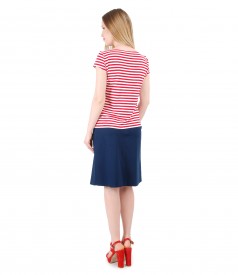 Elegant outfit with jersey blouse printed with stripes and flaring skirt