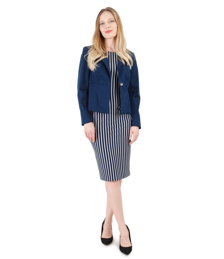 Pencil dress with stripes and textured cotton jacket