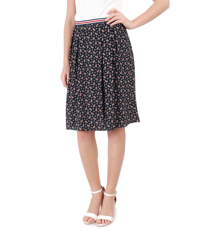 Viscose flaring skirt with floral print dark blue - YOKKO