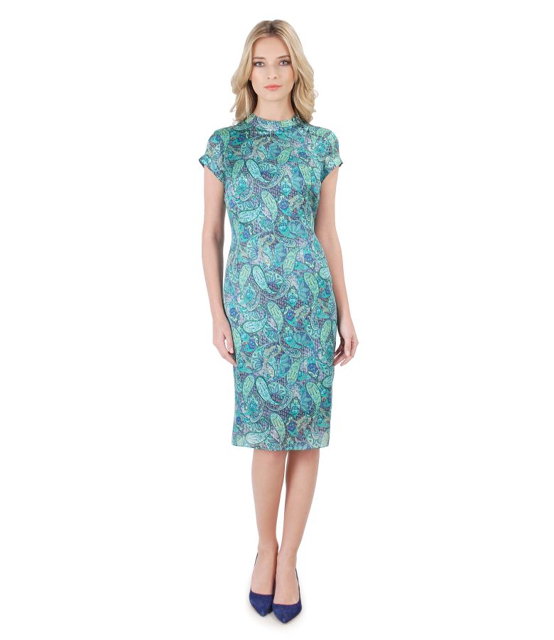 Paisley print silk dress with pearls