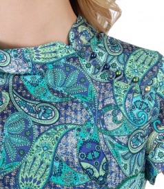 Paisley print silk dress with pearls