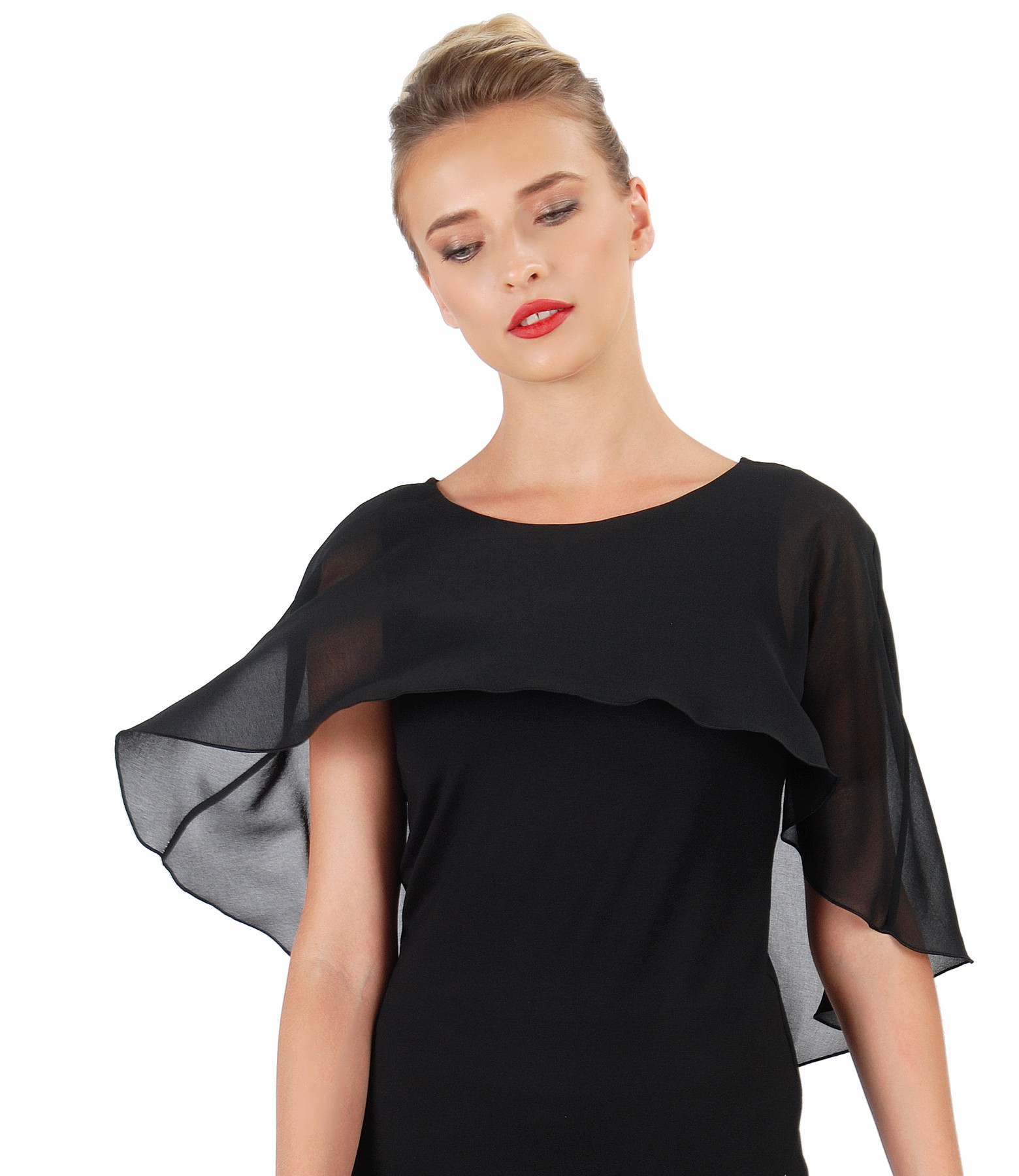 Elegant blouse with veil cape and button on the back black - YOKKO