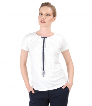 Elastic jersey blouse with bow on decolletage