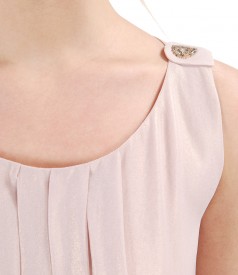 Evening veil dress with pearly effect and epaulettes embellished with crystals