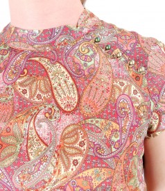 Paisley print silk dress with pearls