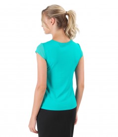 Elastic jersey blouse with trim and veil fins
