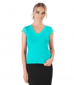 Elastic jersey blouse with trim and veil fins