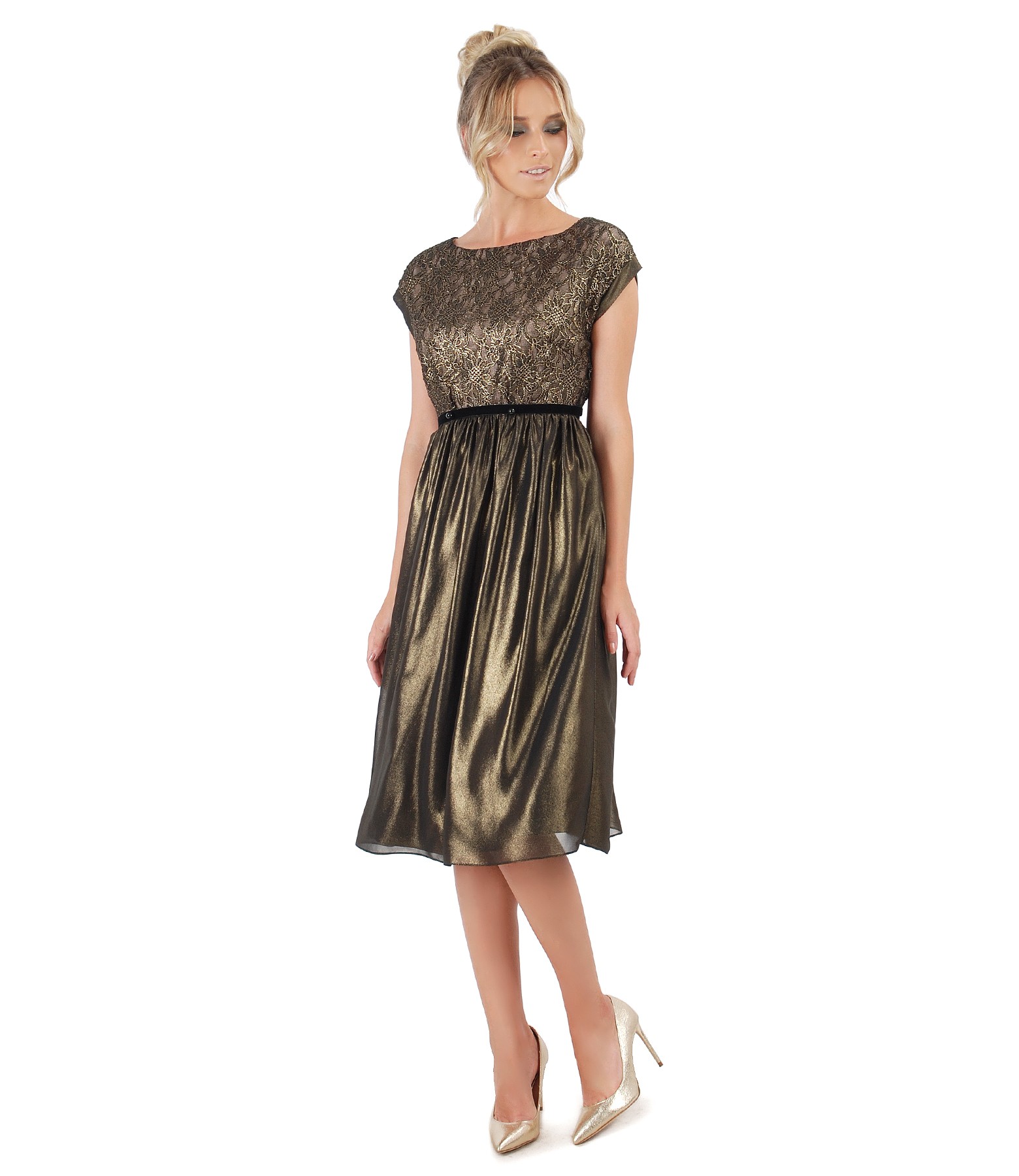 Evening dress with floral lace and pearls bronze - YOKKO