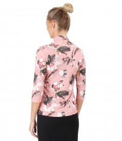 Printed jersey blouse with deep decolletage