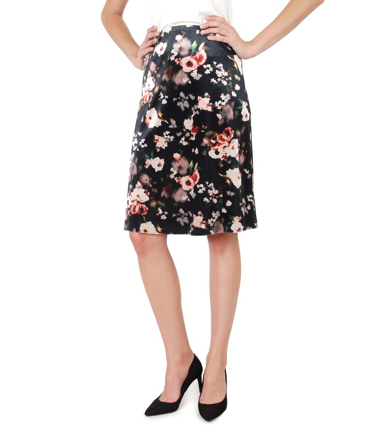 Flaring velvet skirt with floral print