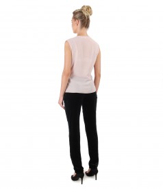 Elastic velvet pants with blouse made of pearly material