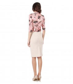 Office skirt with wool and alpaca loops and printed jersey blouse