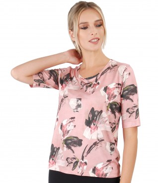 Elastic jersey blouse with floral print