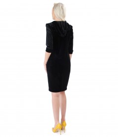 Dress with hood made of black elastic velvet