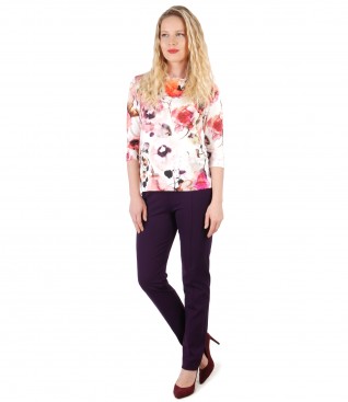 Jersey blouse with floral print and ankle pants