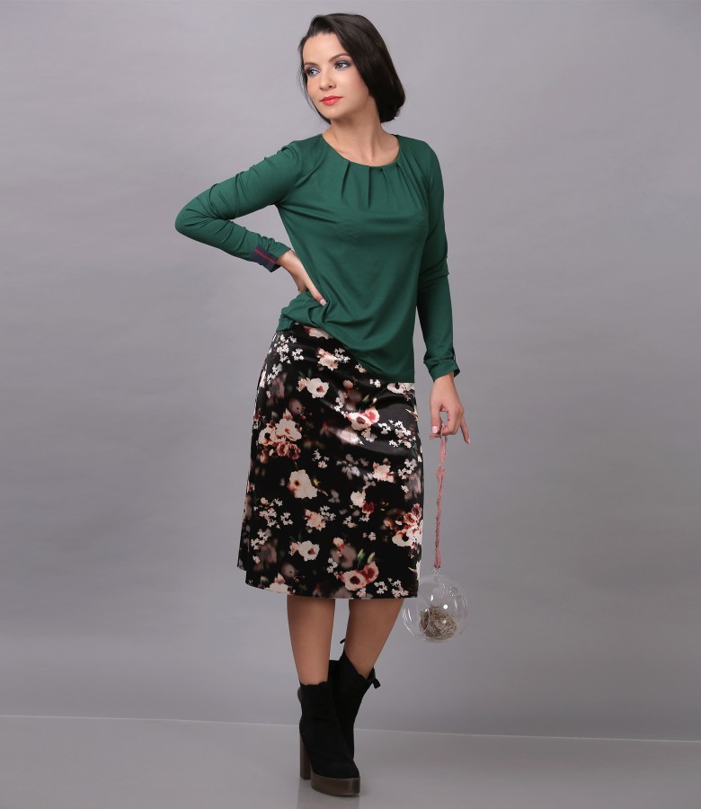Velvet skirt with floral print and elastic jersey blouse - YOKKO