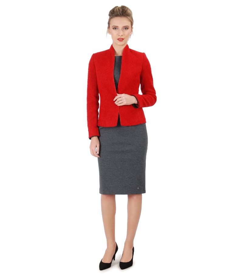 Office suit with elastic jersey dress and jacket made of loops