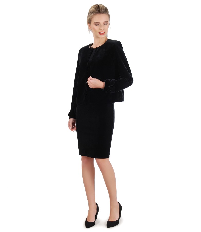 Dress and jacket made of black elastic velvet