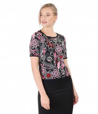 Elastic jersey blouse with embossed print