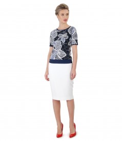 Office skirt made of elastic fabric and printed jersey blouse