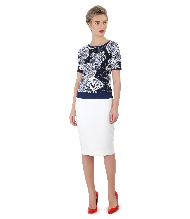 Office skirt made of elastic fabric and printed jersey blouse