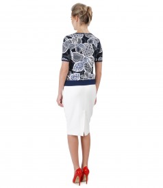 Office skirt made of elastic fabric and printed jersey blouse
