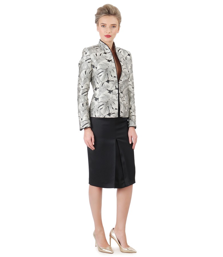 Brocade jacket with floral motifs and skirt with front fold