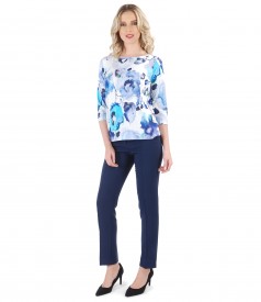 Casual outfit with elastic fabric pants and blouse with floral print