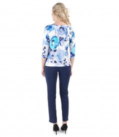 Casual outfit with elastic fabric pants and blouse with floral print