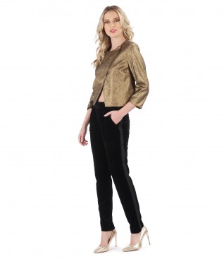 Elegant jacket with metallic inserts and black velvet pants