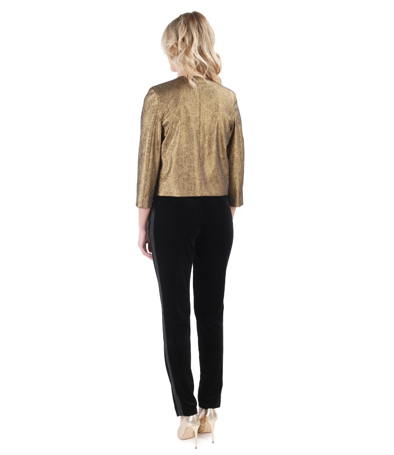 Elegant jacket with metallic inserts and black velvet pants
