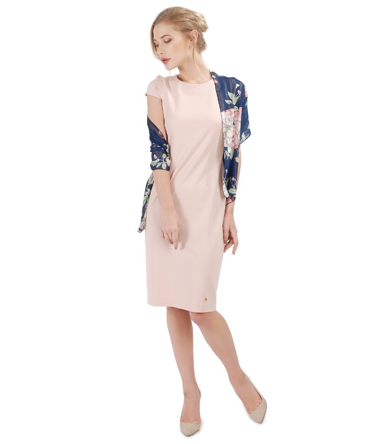 Elegant outfit with midi elastic jersey dress and printed veil scarf