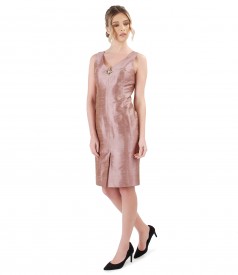 Taffeta dress with accessory brooch on decolletage