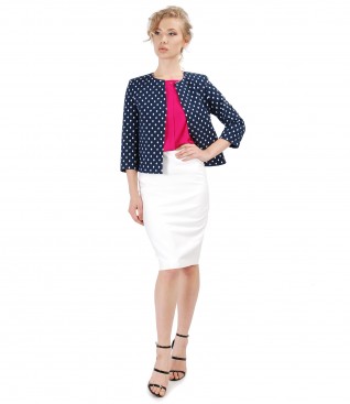 Elegant outfit with tapered viscose skirt and elastic cotton jacket