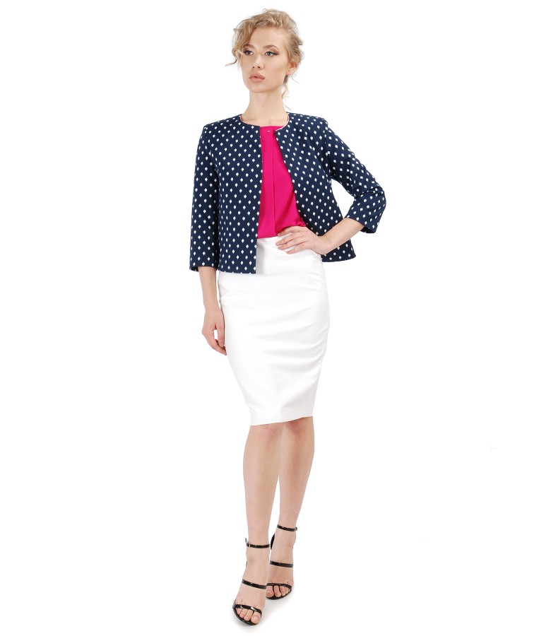 Elegant outfit with tapered viscose skirt and elastic cotton jacket