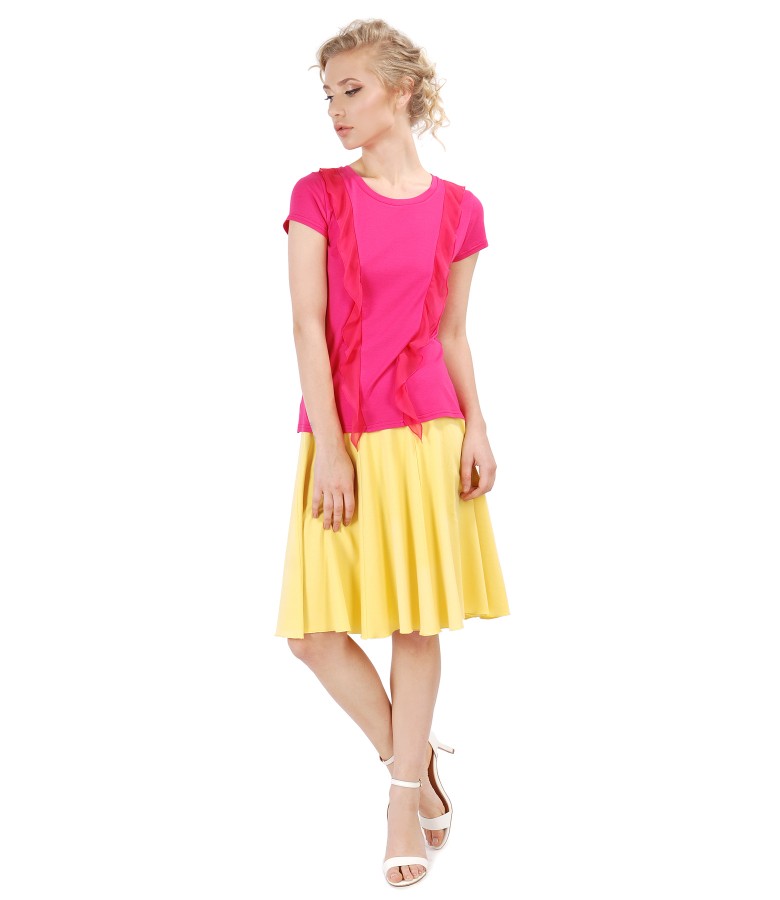 Flared skirt with elastic jersey blouse with veil inserts